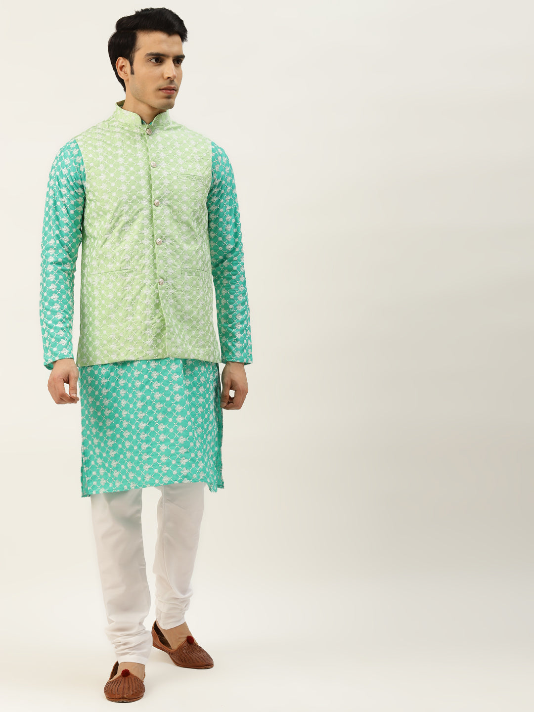 Sojanya Men's Silk Blend Ramagreen Embroidered Kurta & Limegreen Nehrujacket With White Pyjama Combo - Sojanya