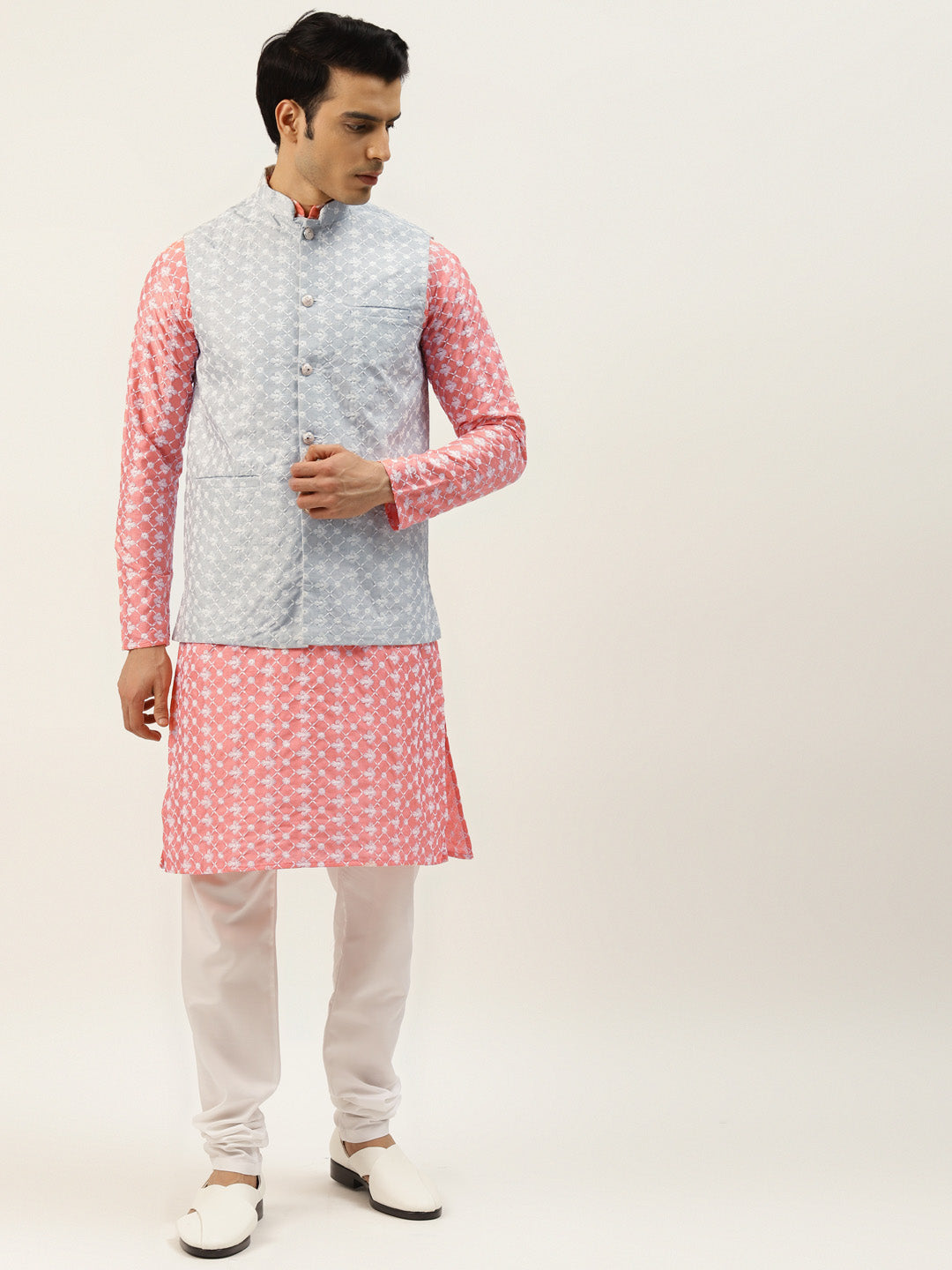 Sojanya Men's Silk Blend Peach Embroidered Kurta & Grey Nehrujacket With White Pyjama Combo - Sojanya