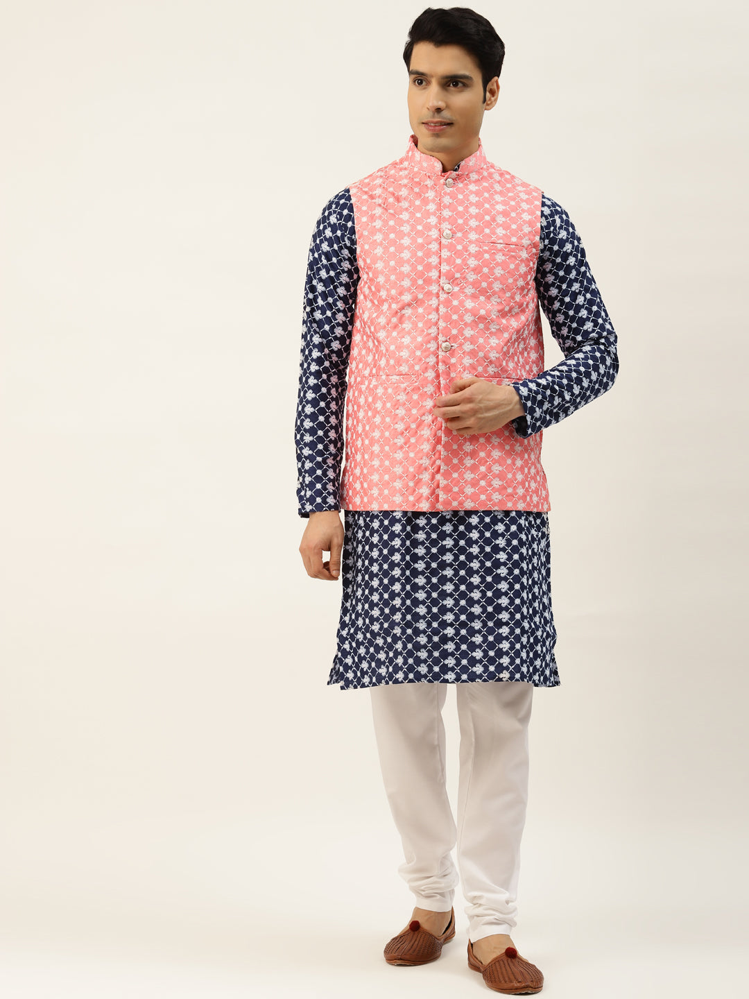 Sojanya Men's Silk Blend Navy Embroidered Kurta & Peach Nehrujacket With White Pyjama Combo - Sojanya