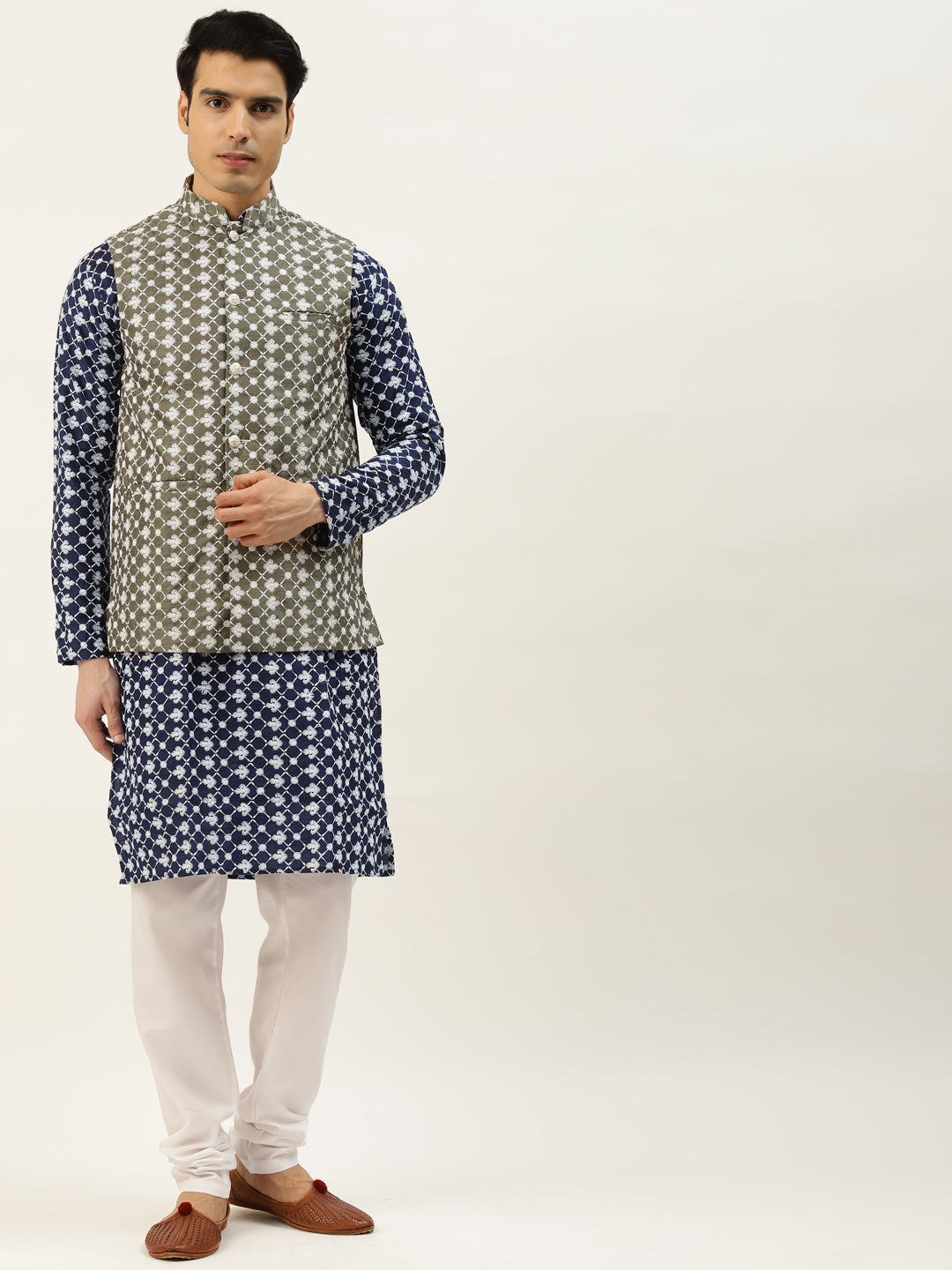 Sojanya Men's Silk Blend Navy Embroidered Kurta & Olive Nehrujacket With White Pyjama Combo - Sojanya