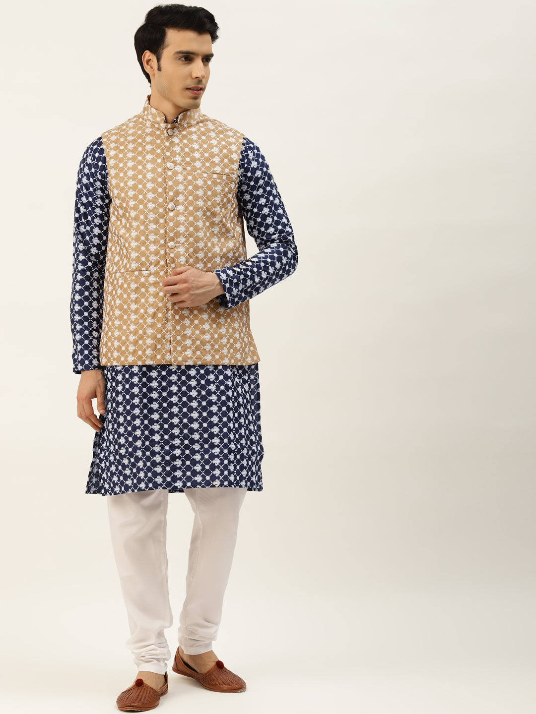 Sojanya Men's Silk Blend Navy Embroidered Kurta & Gold Nehrujacket With White Pyjama Combo - Sojanya