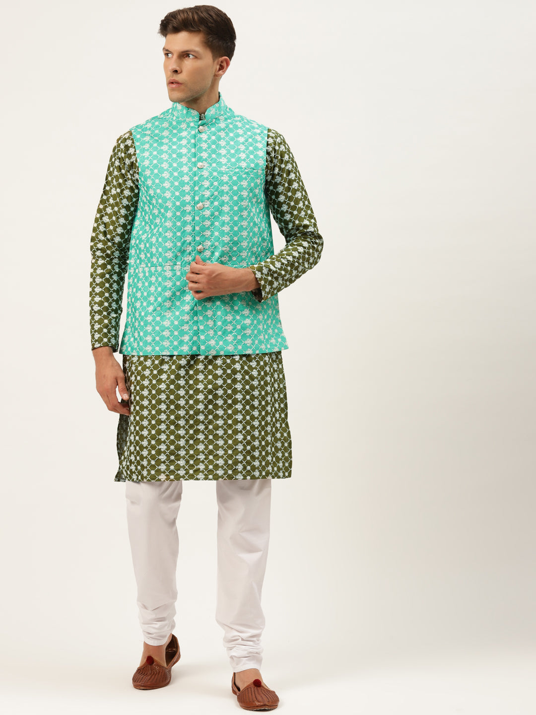 Sojanya Men's Silk Blend Darkgreen Embroidered Kurta & Ramagreen Nehrujacket With White Pyjama Combo - Sojanya