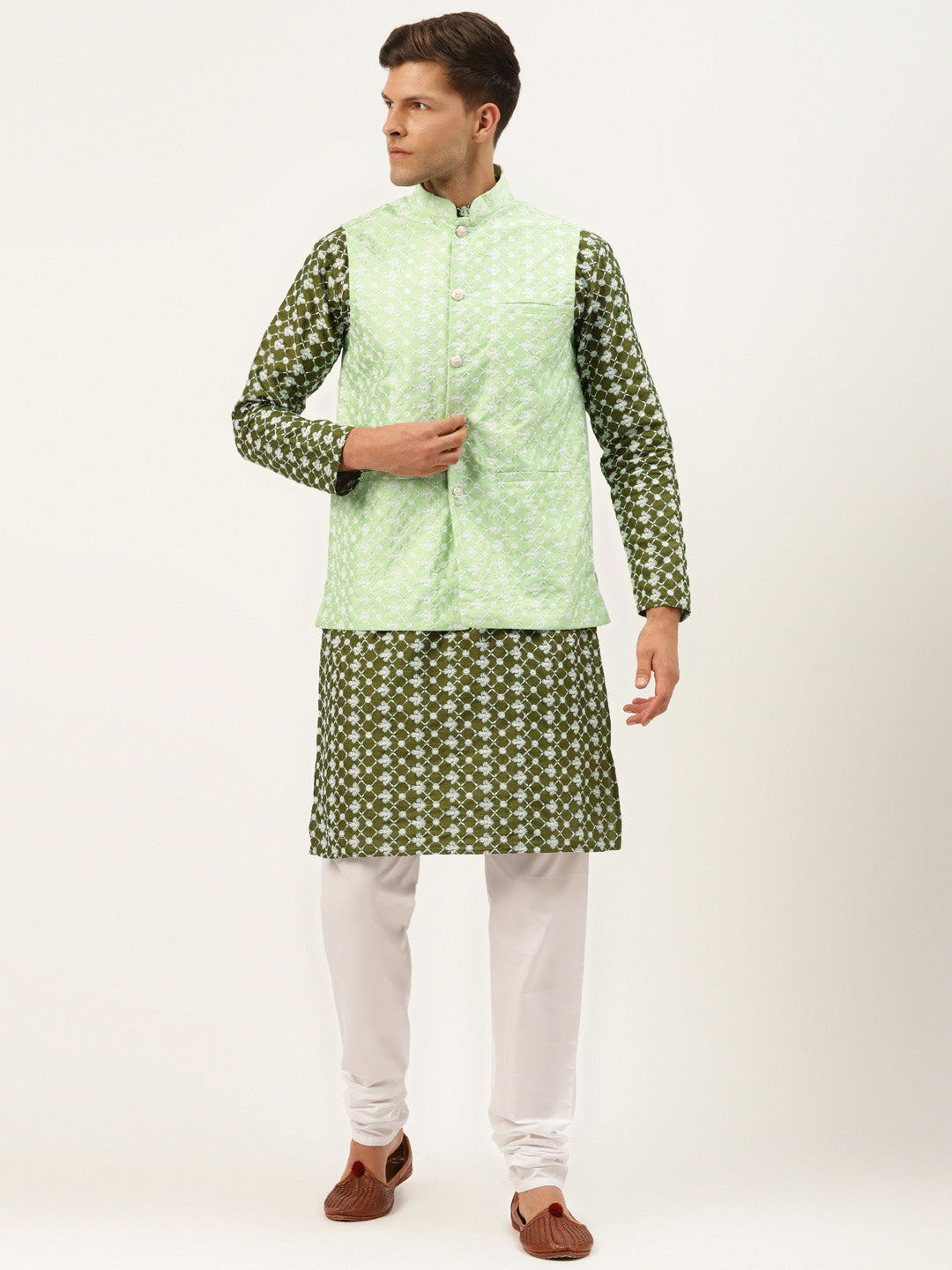 Sojanya Men's Silk Blend Darkgreen Embroidered Kurta & Limegreen Nehrujacket With White Pyjama Combo - Sojanya