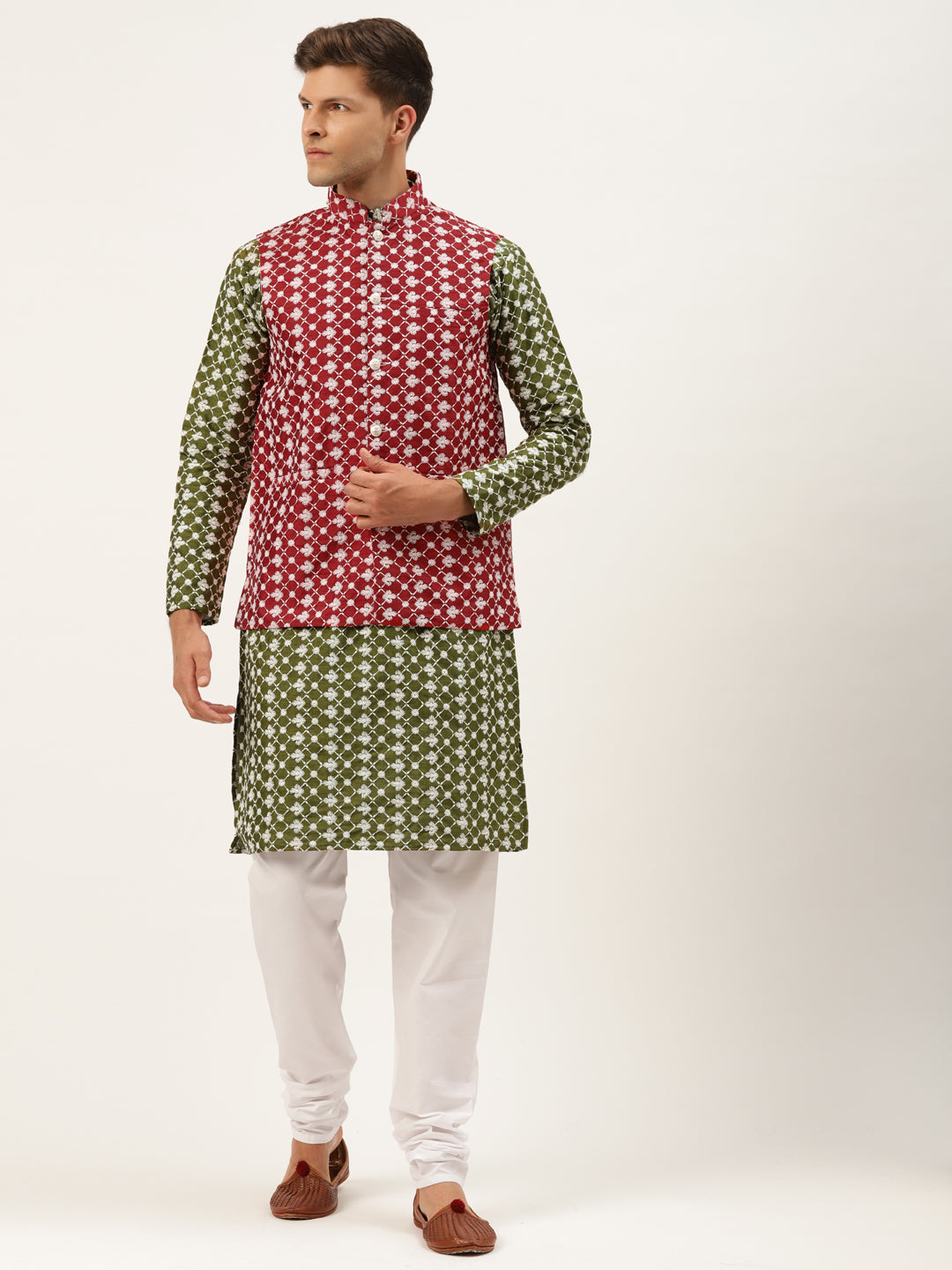 Sojanya Men's Silk Blend Darkgreen Embroidered Kurta & Maroon Nehrujacket With White Pyjama Combo - Sojanya