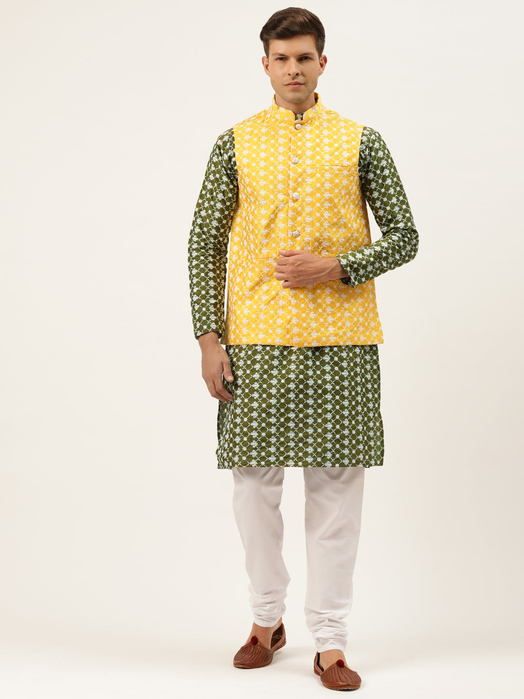 Sojanya Men's Silk Blend Darkgreen Embroidered Kurta & Yellow Nehrujacket With White Pyjama Combo - Sojanya