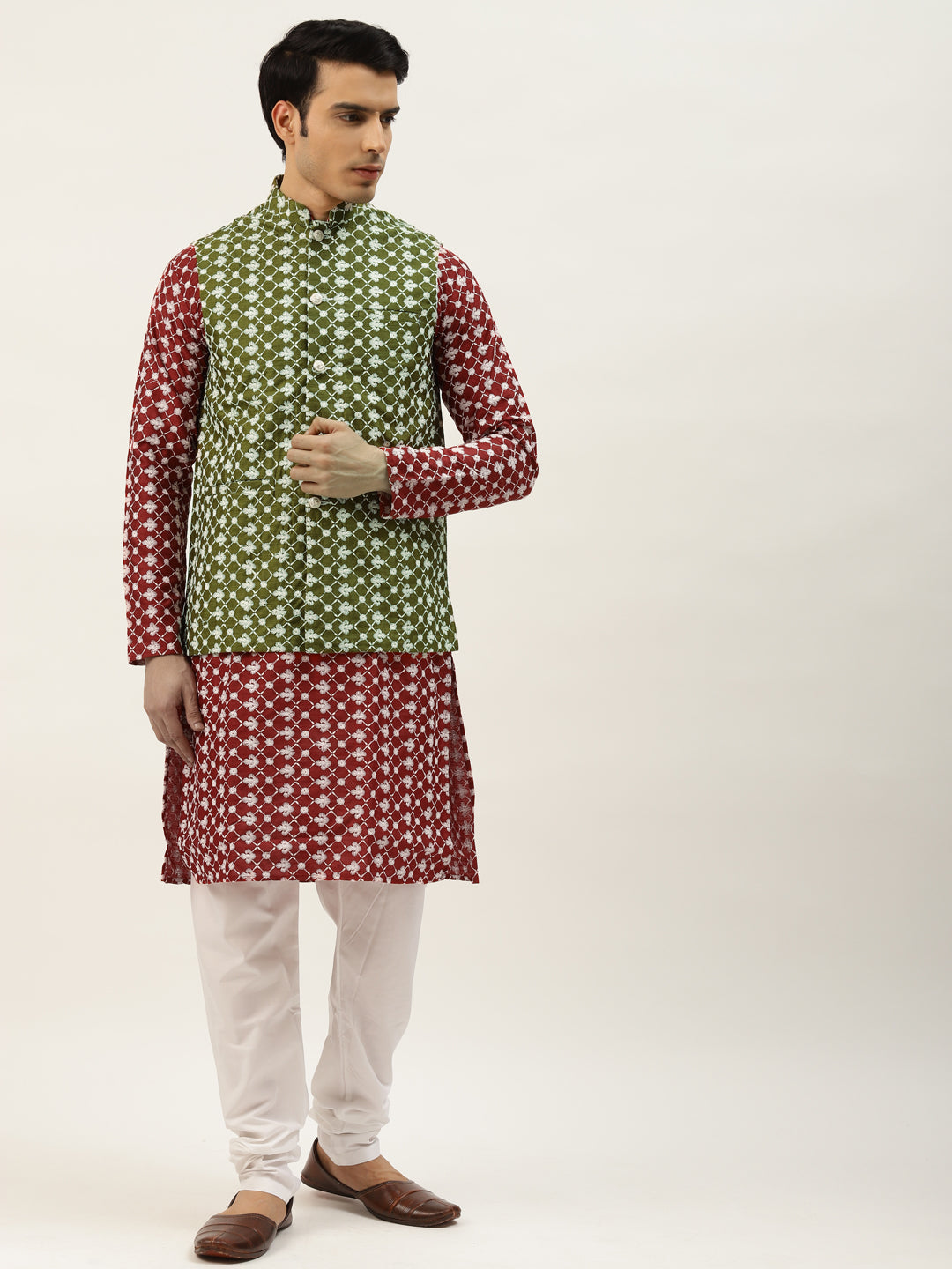 Sojanya Men's Silk Blend Maroon Embroidered Kurta & Darkgreen Nehrujacket With White Pyjama Combo - Sojanya