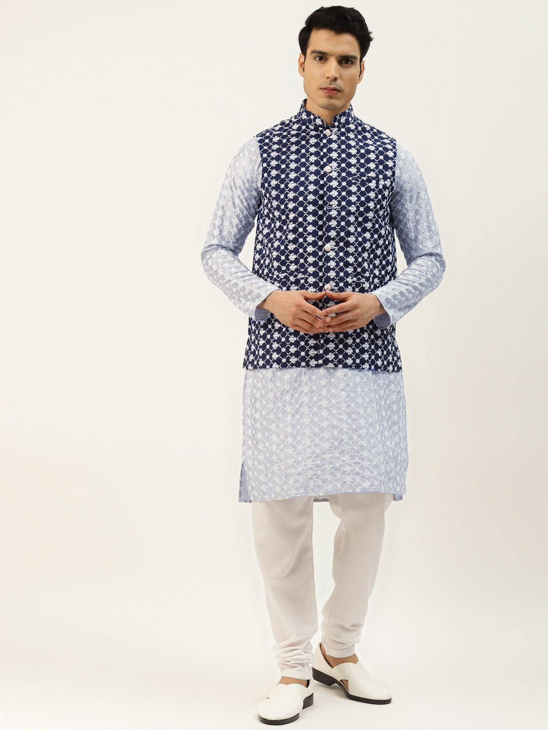 Sojanya Men's Silk Blend Grey Embroidered Kurta & Navy Nehrujacket With White Pyjama Combo - Sojanya