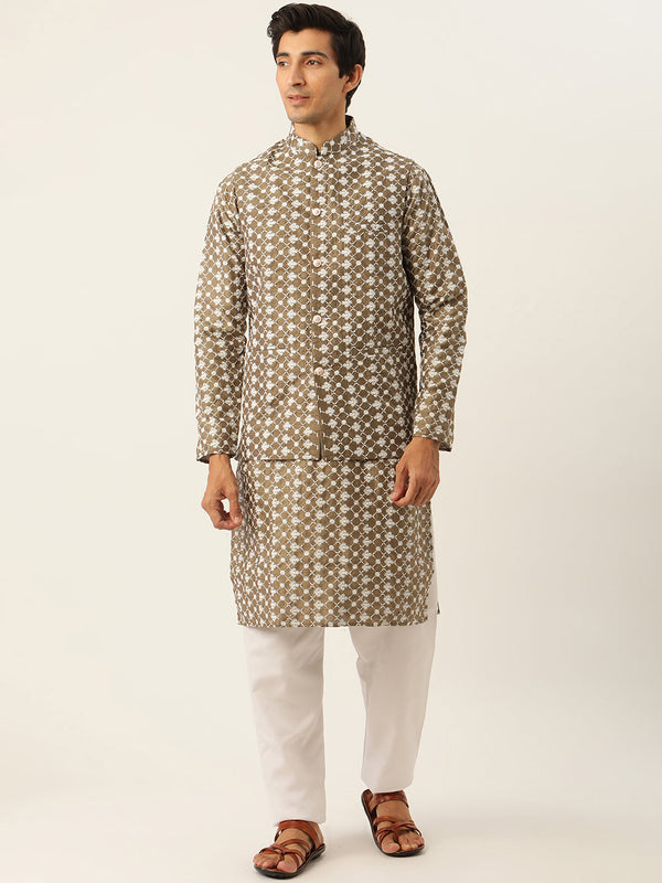 Sojanya Men's Silk Blend Olive Kurta & Nehrujacket With White Pyjama Combo - Sojanya