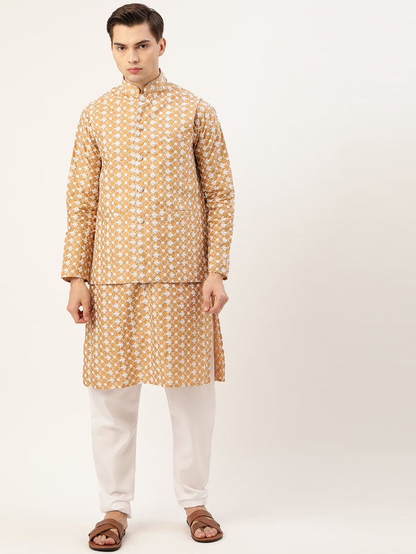 Sojanya Men's Silk Blend Gold Kurta & Nehrujacket With White Pyjama Combo - Sojanya