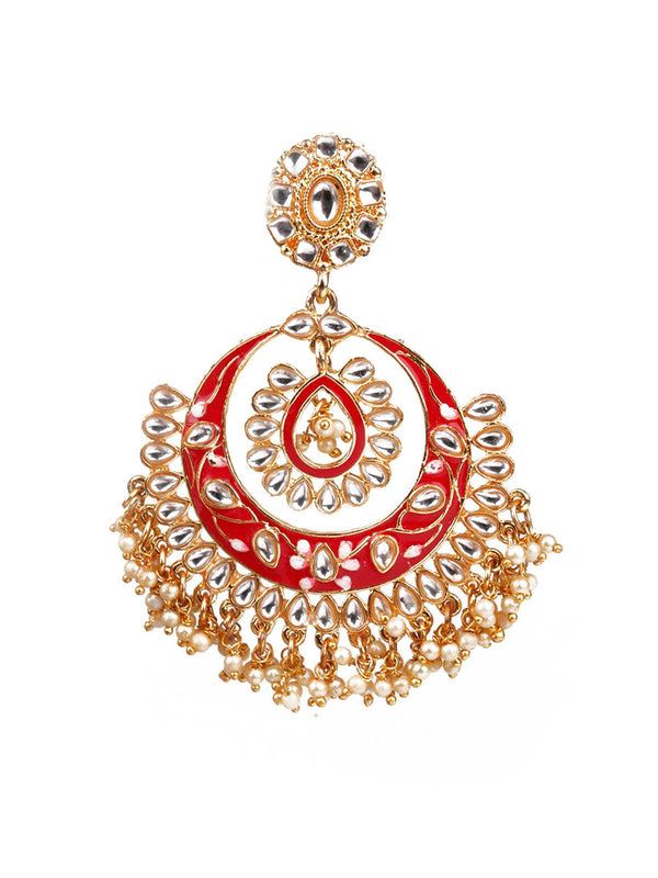 Women's Traditional Red And Gold Chandbali Earrings - Odette