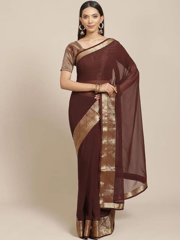 Coffee Brown Solid Georgette Saree - Jashvi