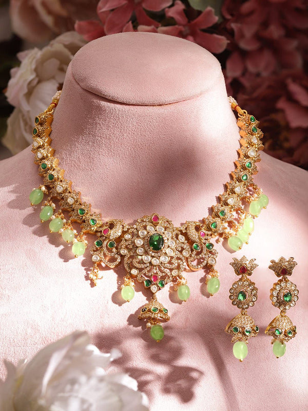 Rubans 22K Gold plated Polki Zirconia Studded Emerald Green Beaded Victorian Necklace Set