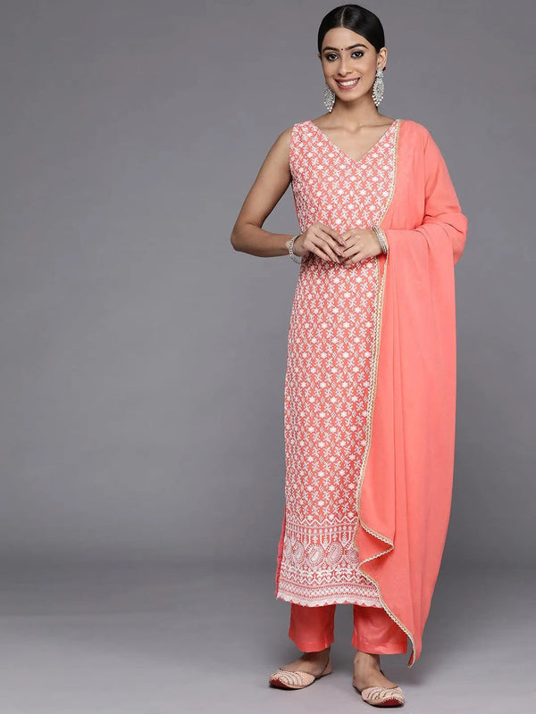 Coral Embroidered Georgette Straight Suit Set With Trousers - Jashvi