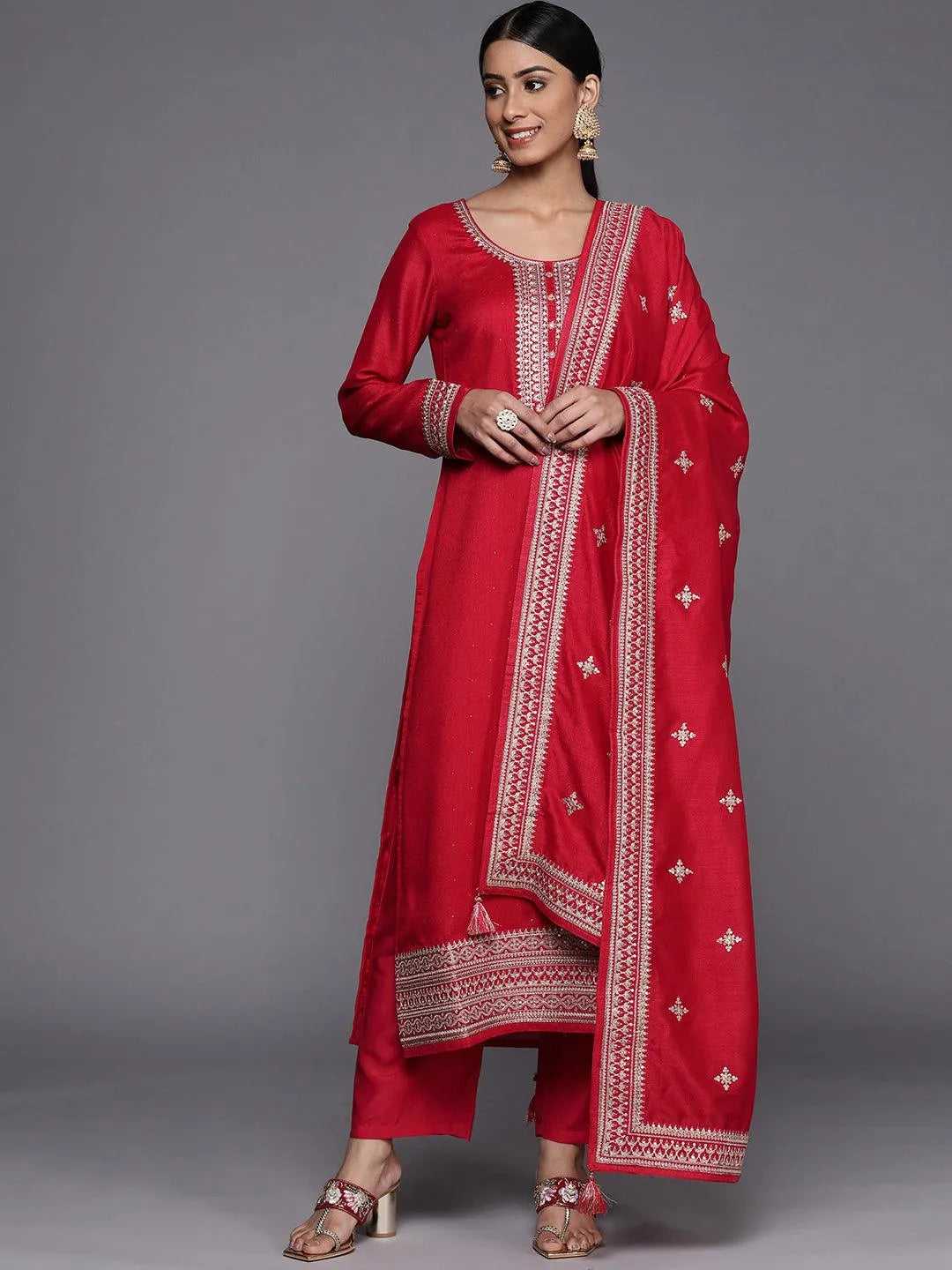 Coral Embroidered Silk Blend Straight Suit Set - Jashvi