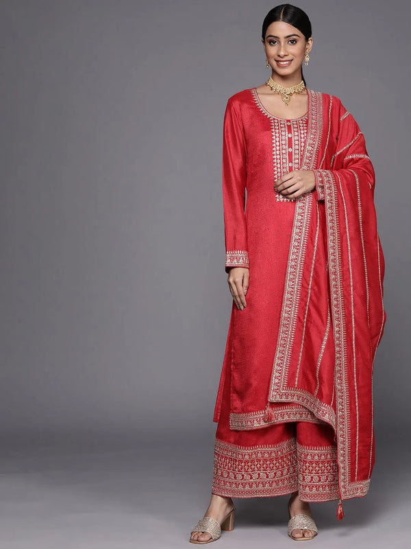 Coral Embroidered Silk Blend Straight Suit Set - Jashvi