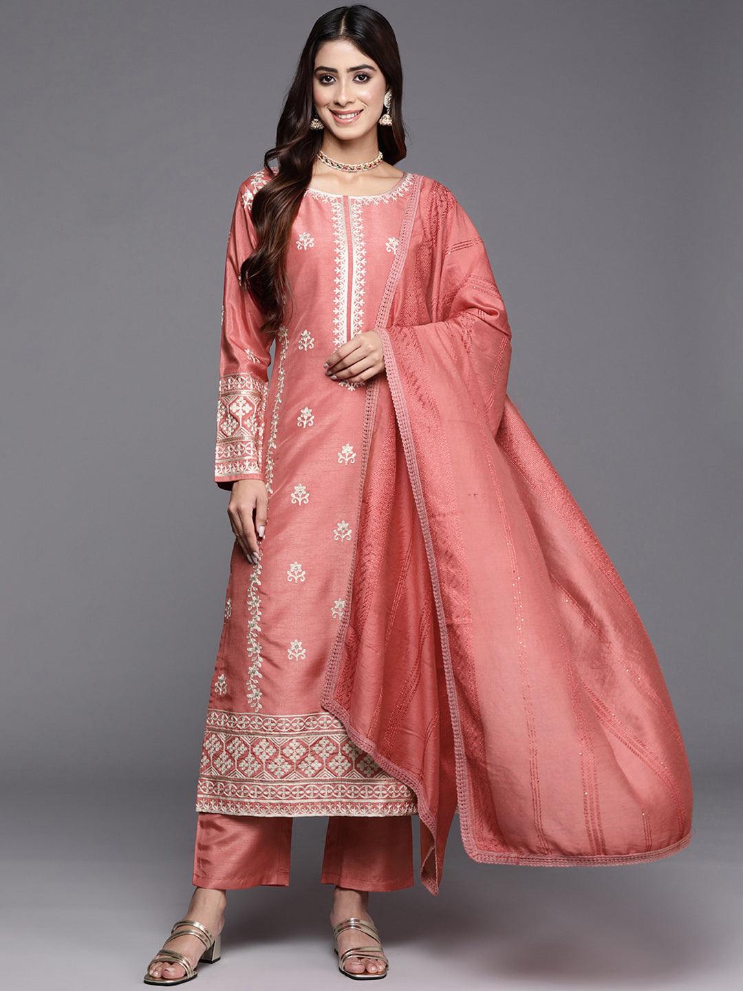 Coral Embroidered Silk Blend Straight Kurta With Trousers & Dupatta - Jashvi