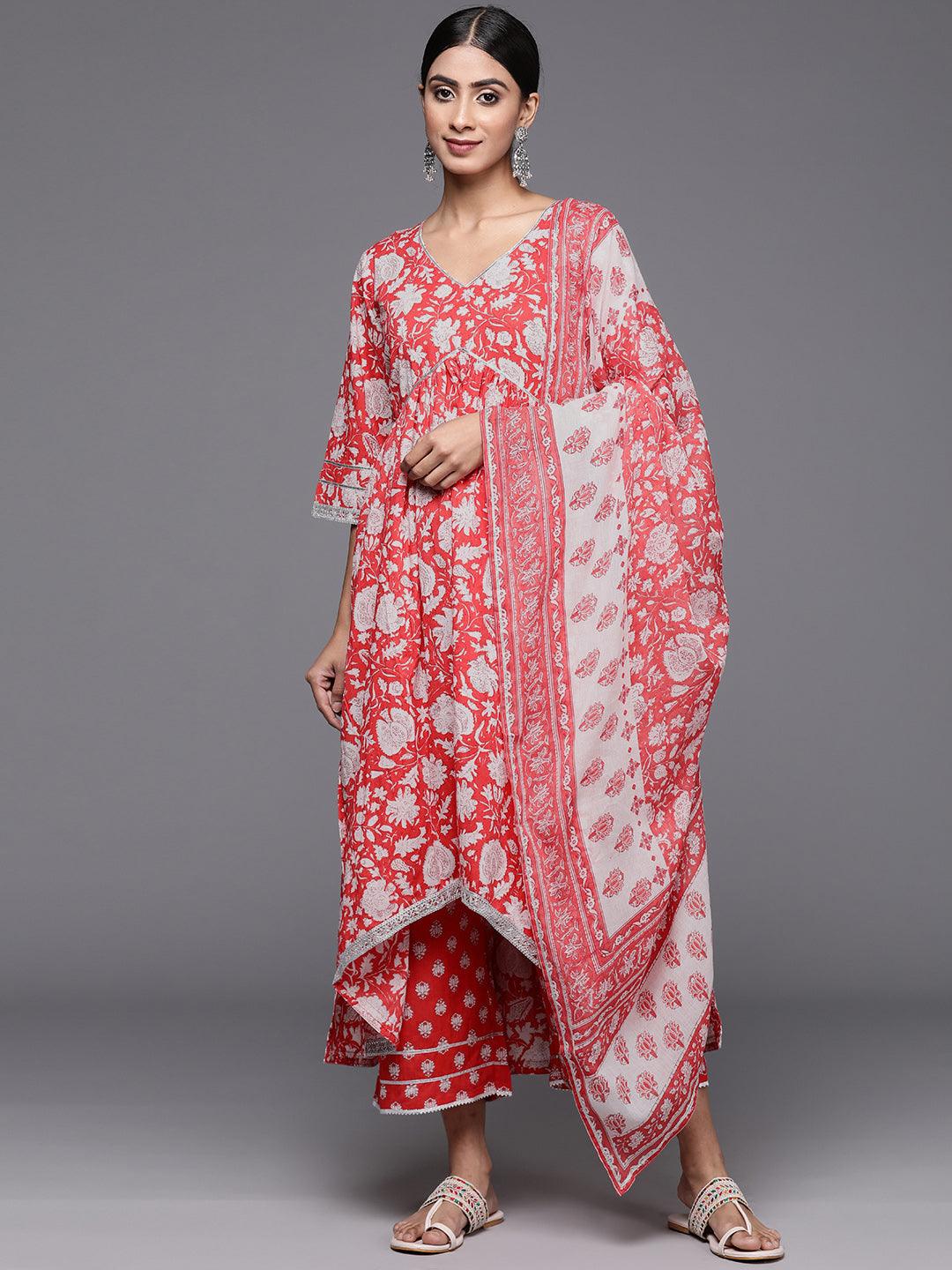 Coral Printed Cotton A-Line Kurta With Palazzos & Dupatta - Jashvi