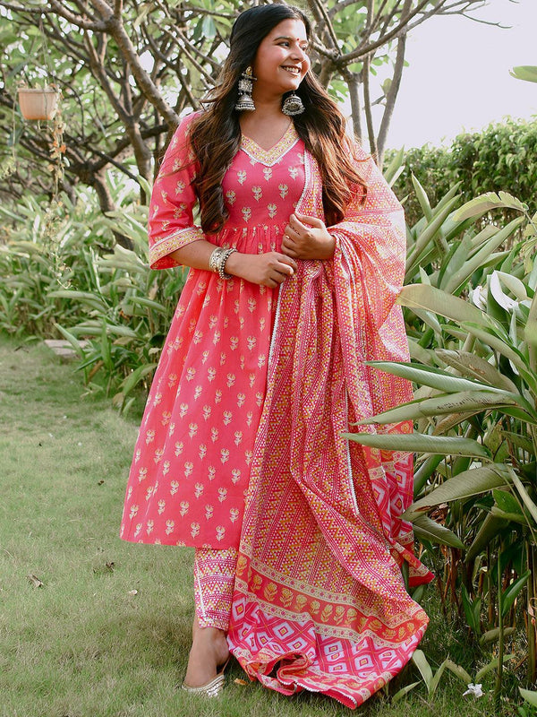 Coral Printed Cotton A-Line Kurta With Trousers & Dupatta - Jashvi