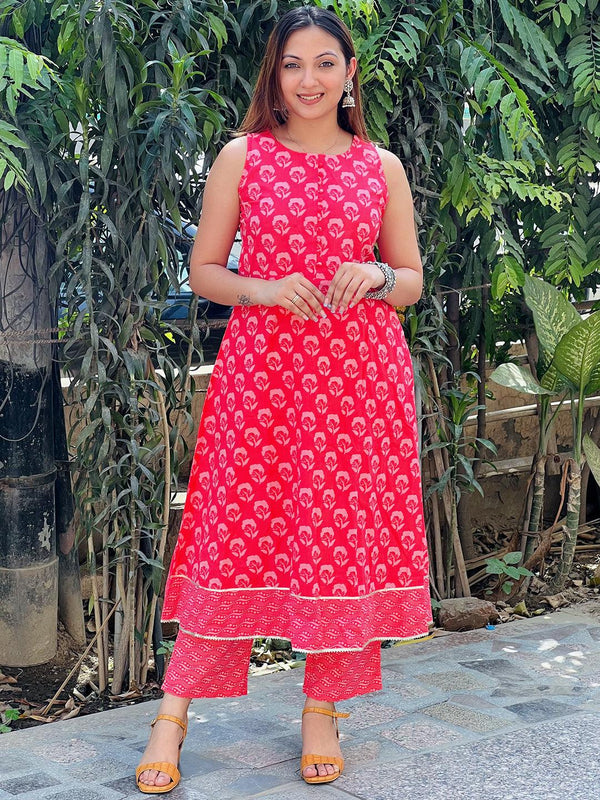 Coral Printed Cotton A-Line Kurta Set With Trousers - Jashvi