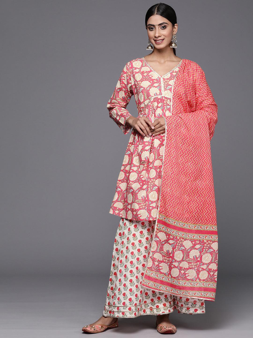 Coral Printed Cotton A-Line Kurti With Sharara & Dupatta - Jashvi