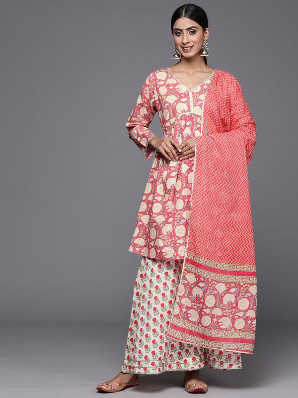 Coral Printed Cotton A-Line Kurti With Sharara & Dupatta - Jashvi