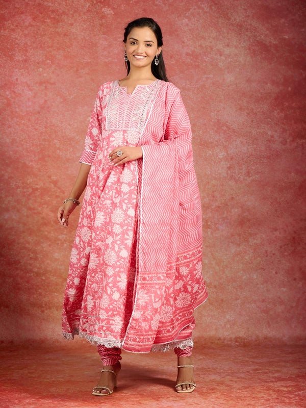 Coral Printed Cotton Anarkali Kurta With Churidar & Dupatta - Jashvi