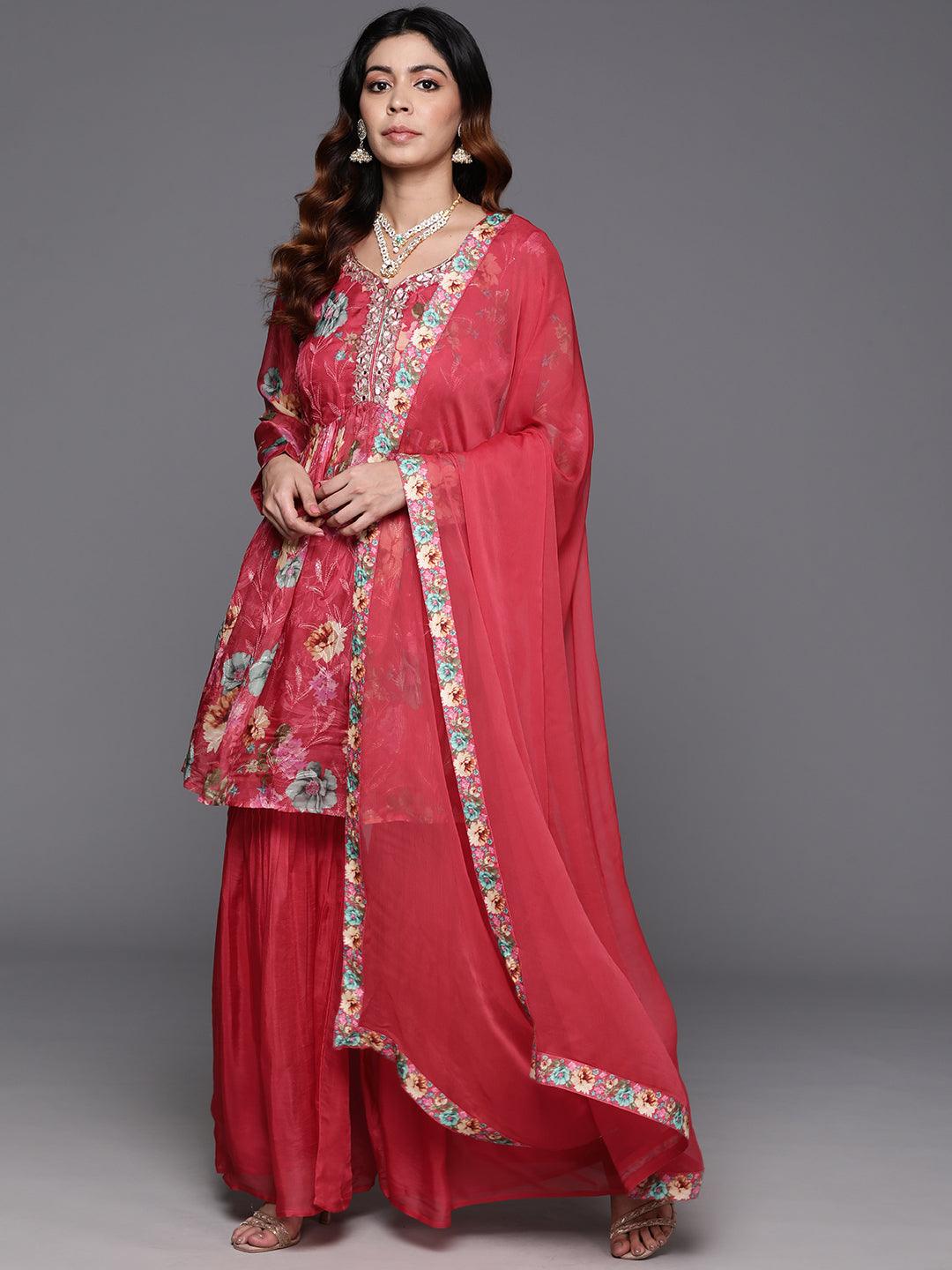 Coral Printed Organza A-Line Kurta With Sharara & Dupatta - Jashvi