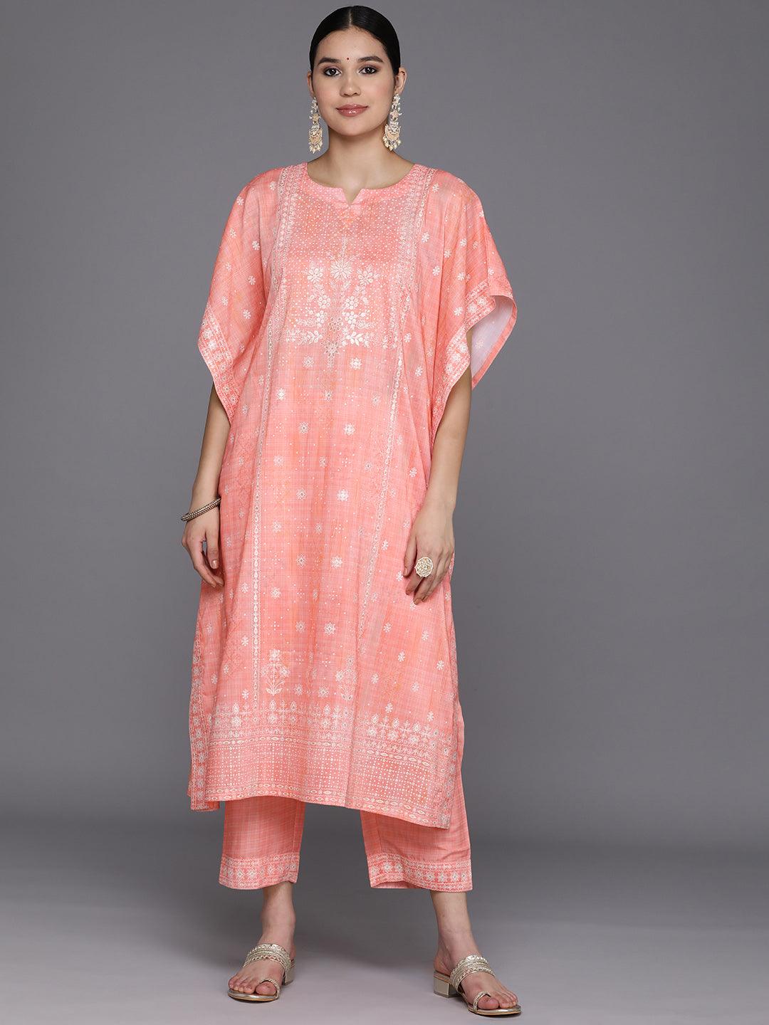 Coral Printed Silk Blend Kaftan Kurta Set With Trousers - Jashvi