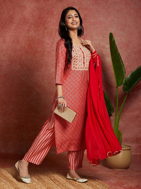 Coral Printed Silk Blend Straight Kurta With Palazzos & Dupatta - Jashvi