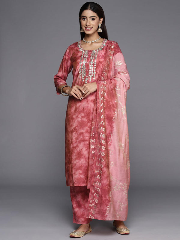 Coral Printed Silk Blend Straight Kurta With Trousers & Dupatta - Jashvi