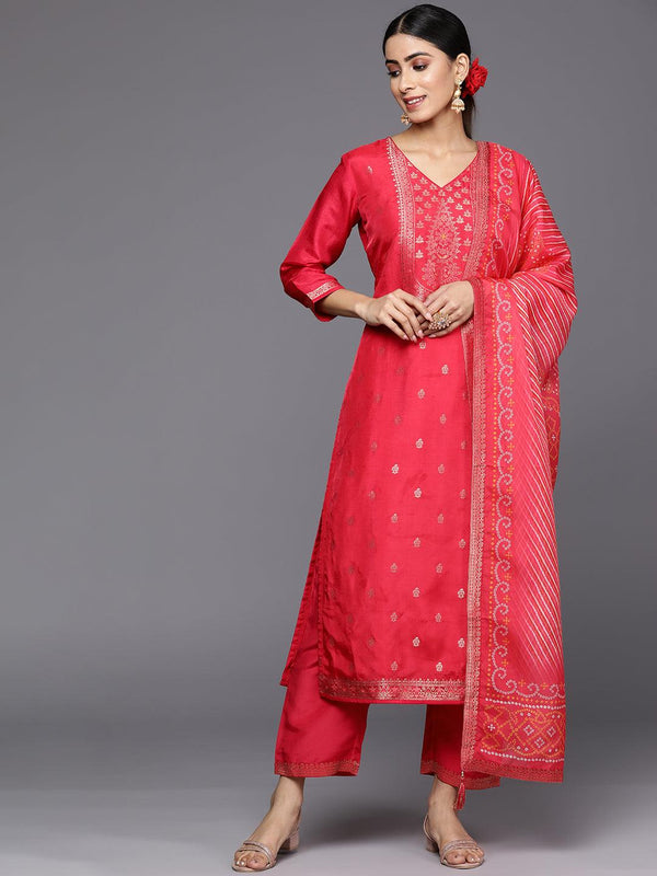 Coral Self Design Silk Blend Straight Suit Set With Trousers - Jashvi