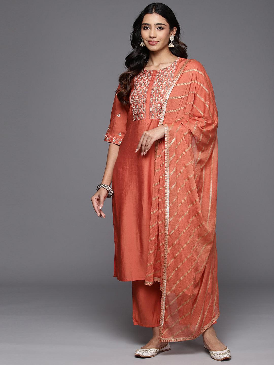 Coral Solid Silk Blend Straight Kurta With Trousers & Dupatta - Jashvi