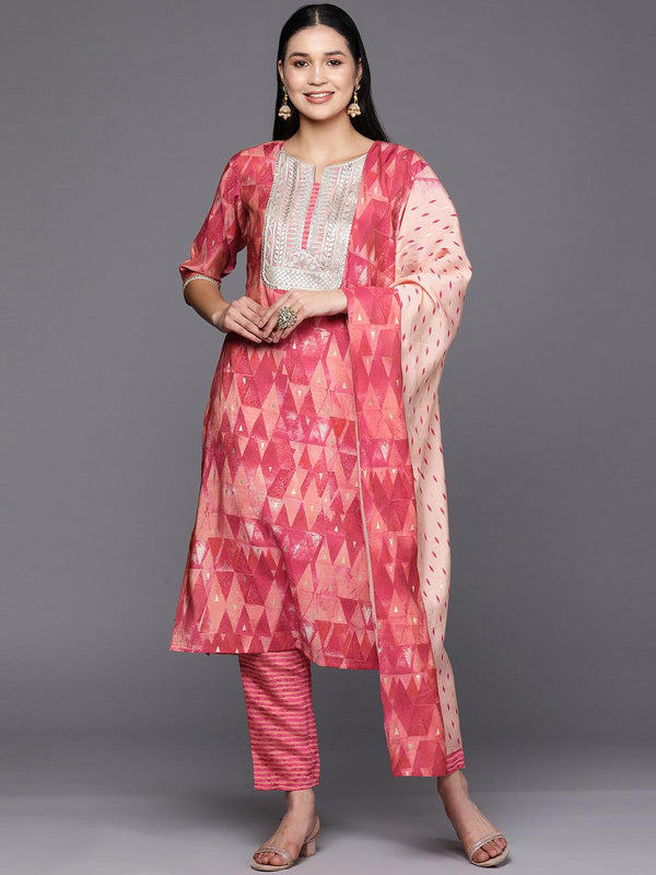 Coral Yoke Design Silk Blend Straight Suit Set With Trousers - Jashvi