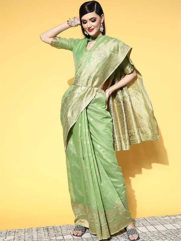 Women's Cotton Blend Green Woven Design Saree With Blouse Piece - Odette