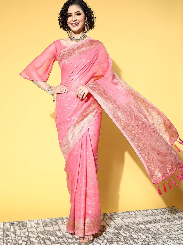 Women's Cotton Blend Pink Woven Design Saree With Blouse Piece - Odette