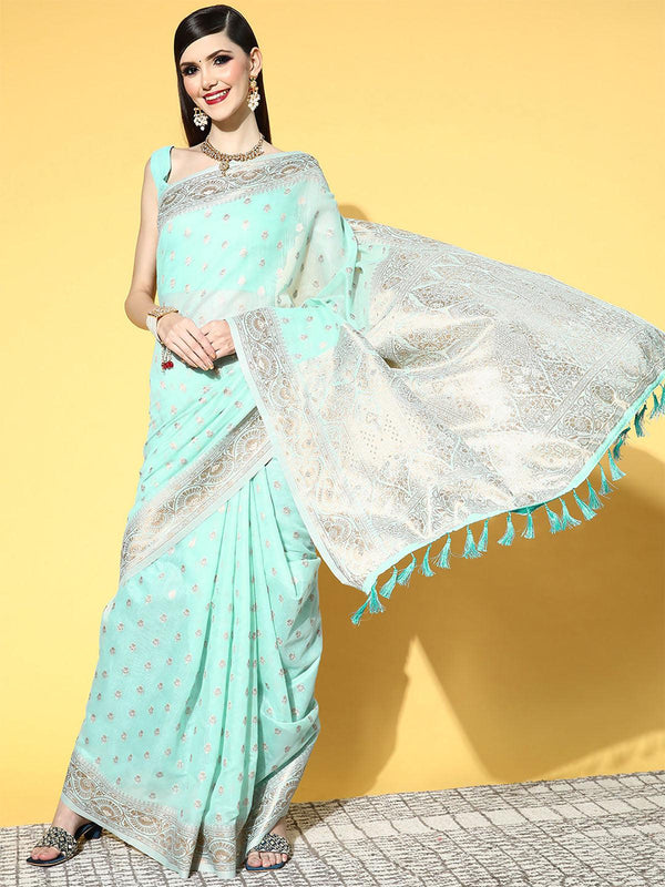 Women's Cotton Blend Turquoise Woven Design Saree With Blouse Piece - Odette