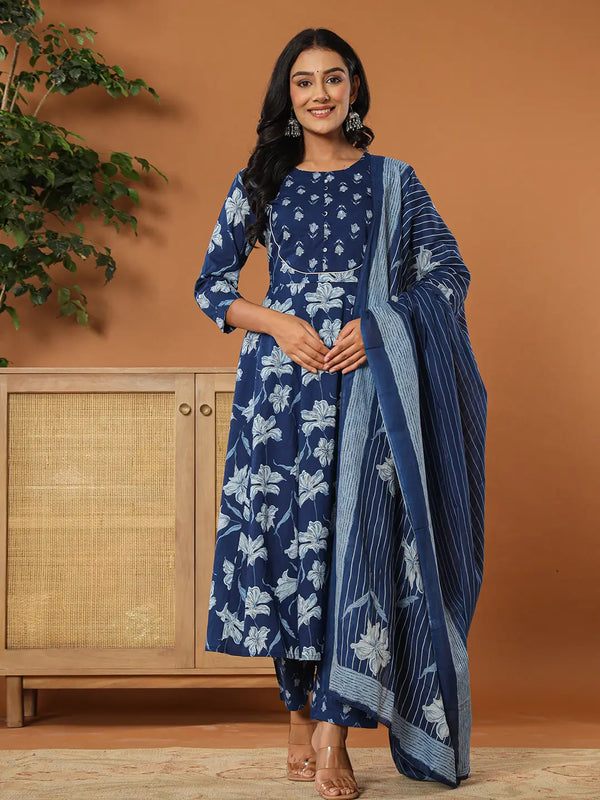 Cotton Blue Anarkali Dupatta Set-Indiakreations-JS7216SKDBLS