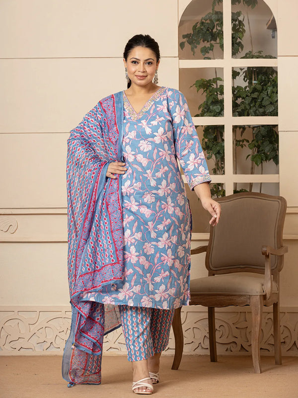 Cotton Blue Plus Size Kurta Dupatta Pant Set