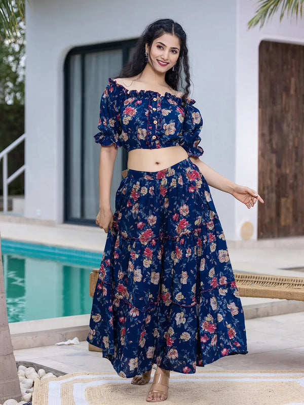 Cotton Blue Skirt Co-Ord Set-Indiakreations-JS6913CRDBLS