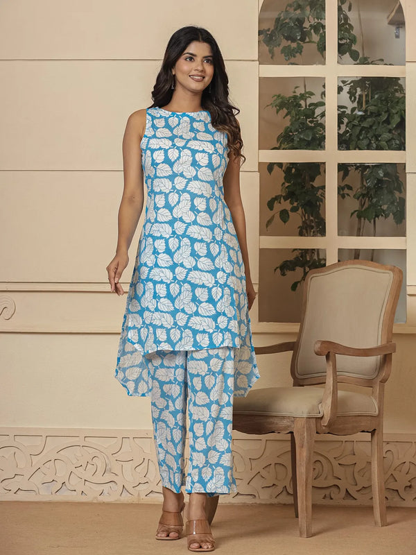 Cotton Blue Summer Leaf Print Co-Ord Set