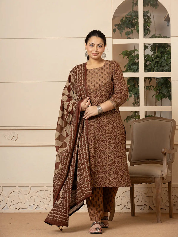 Cotton Brown Kantha_Work Plus Size Kurta Dupatta Pant Set