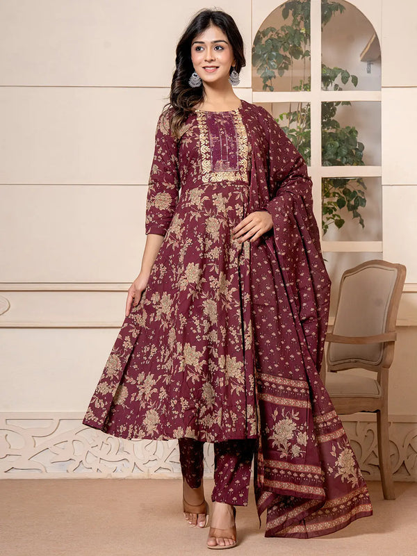 Cotton Burgundy Anarkali Dupatta Set