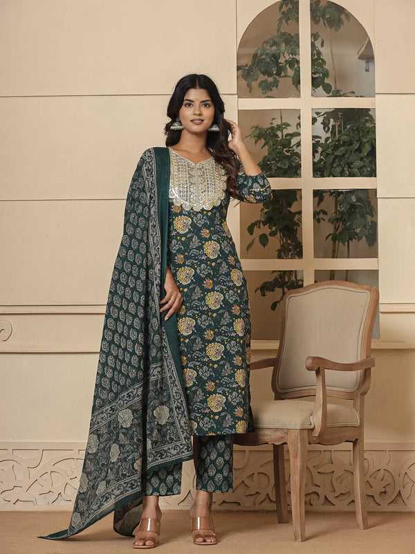 Cotton Green Embroidered Festive Wear Kurta Dupatta Set