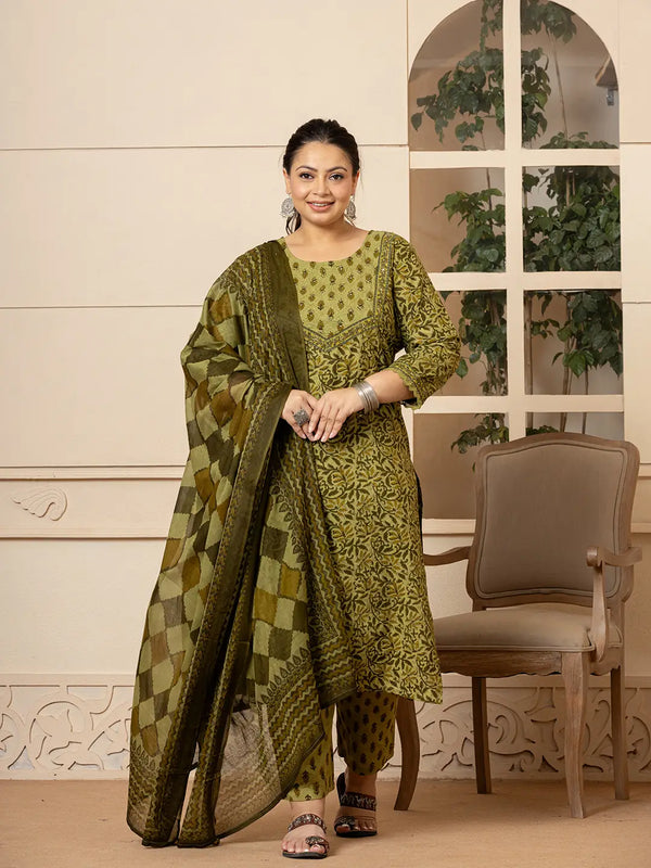 Cotton Green Kantha_Work Plus Size Kurta Dupatta Pant Set