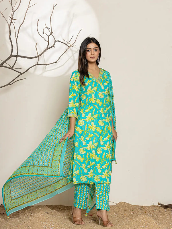 Cotton Green Kurta Dupatta Pant Set