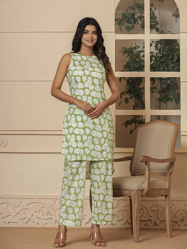 Cotton Green Summer Leaf Print Co-Ord Set