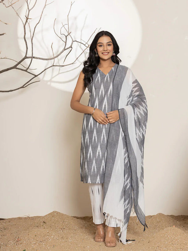 Cotton Grey Ikat Print Kurta Dupatta Set-Indiakreations-JS1749SKDGYS