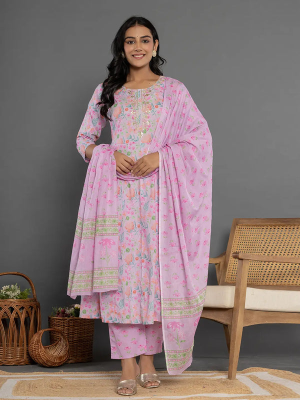 Cotton Lavender Kurta Dupatta Pant Set