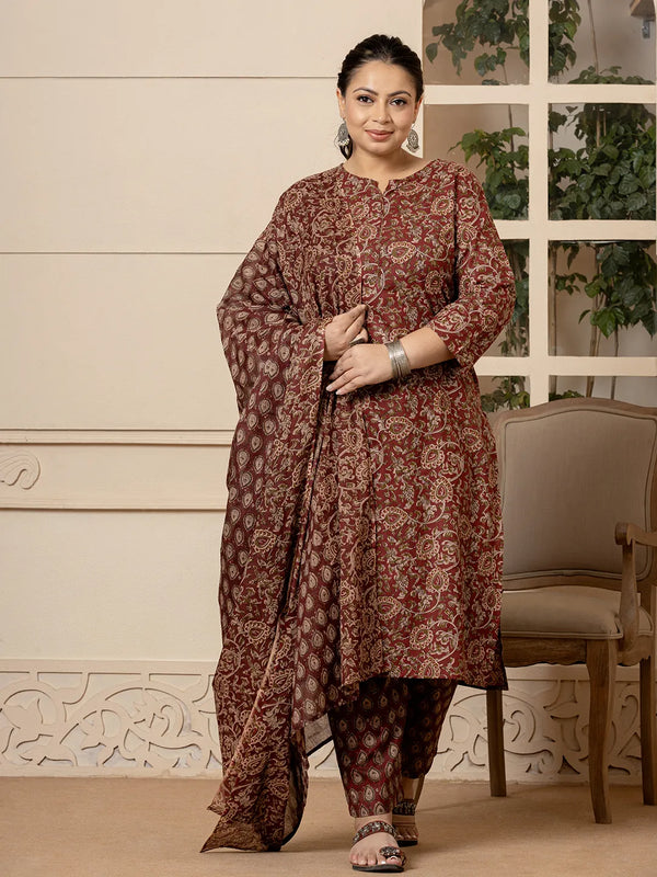 Cotton Maroon Plus Size Kurta Dupatta Set