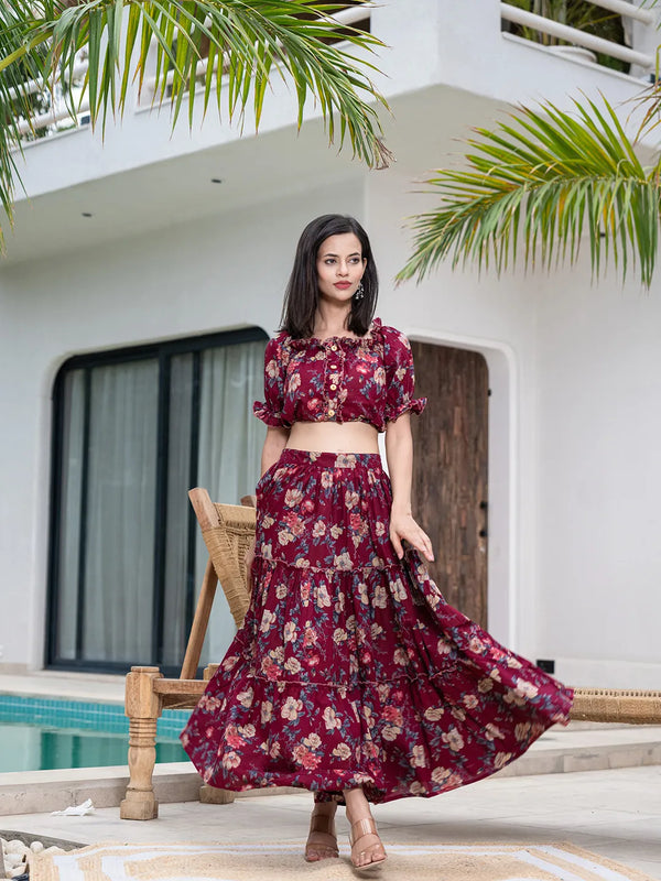 Cotton Maroon Skirt Co-Ord Set-Indiakreations-JS6913CRDMRS